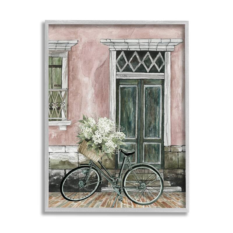 Stupell Spring Bicycle Lush Floral Bouquet Vintage City Architecture Framed Wall Art - Pink - 11 x 14 - Grey