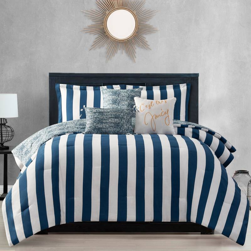 Juicy Reversible Cabana Stripe Bedding Set - White/Regal Blue - Queen