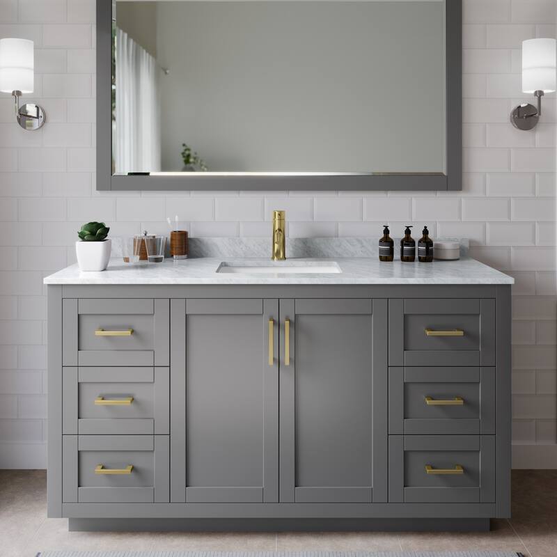 Wyndham Collection Miranda 60" Free Standing Single Basin Vanity Set - Dark Gray / White Carrara Marble Top / Brushed