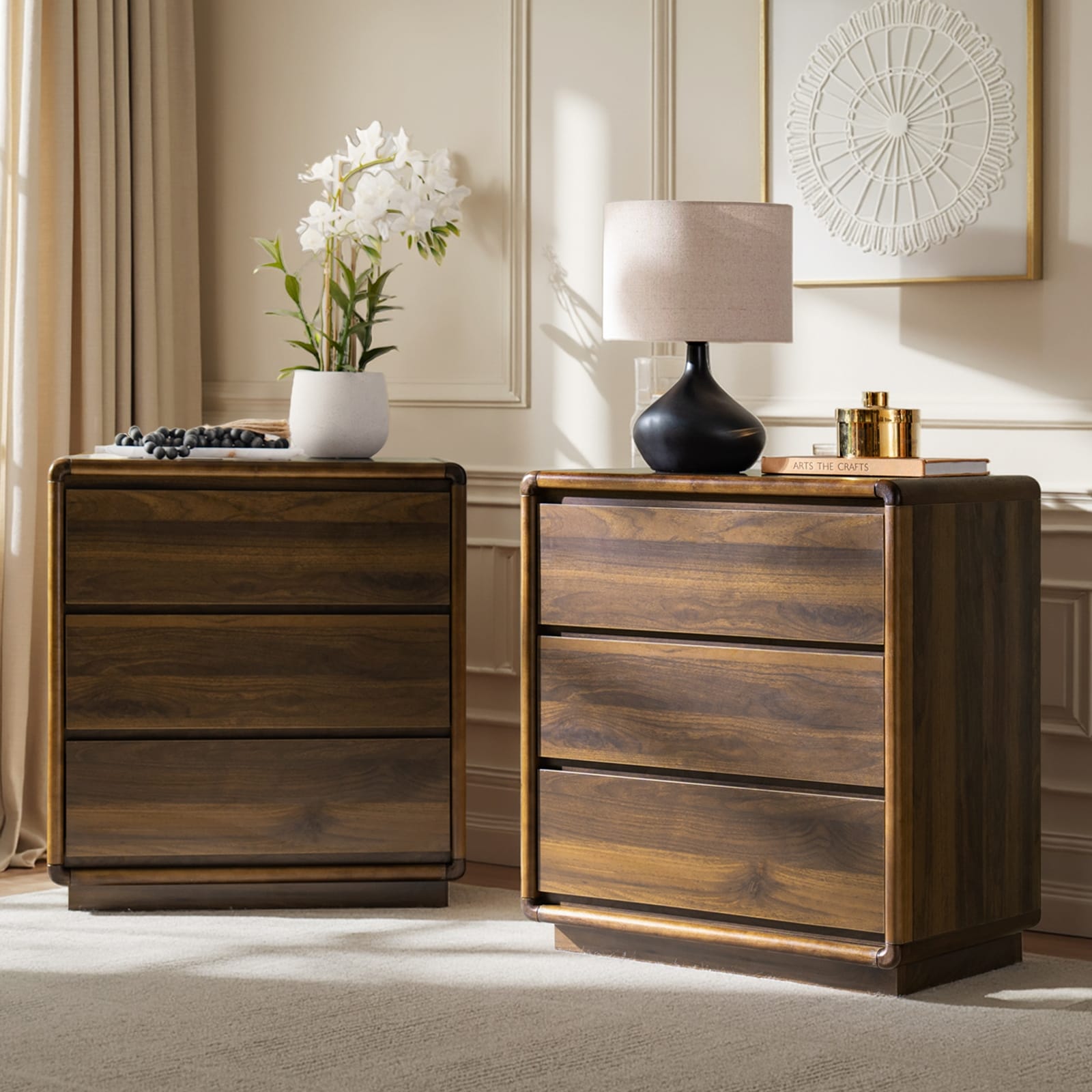 Connie Modern Corners 3-Solid Pine Wood-Drawer End Table with Built-In Power Set of 2 by HULALA HOME