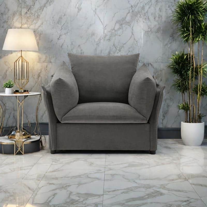 Chenille & Wood Oversized Lounge Chair with Removable Cushion Covers and High-Rebound Foam Seat - DARK GREY