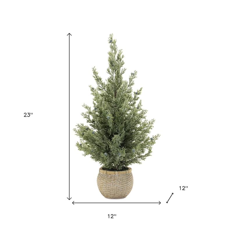 HomeRoots Set of Two 23" Green Artificial Pines In Round Faux Wicker Pots - 12.00 in. x 23.00 in. x 12.00 in.