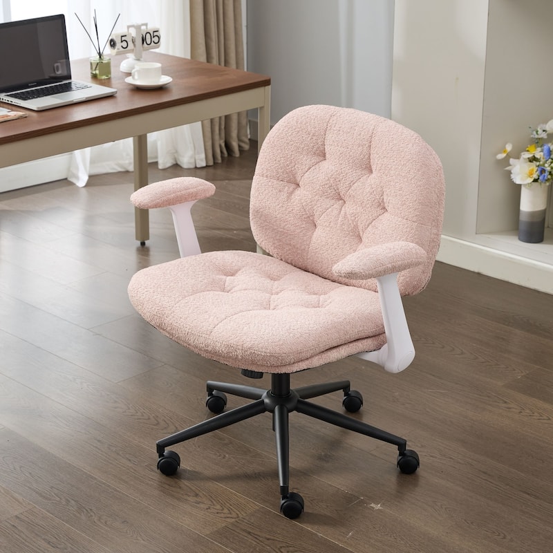 Pink Swivel Chair with Flip-Up Armrests and Crossed Legs