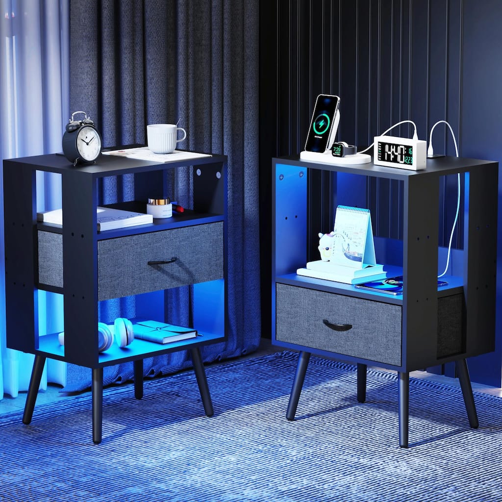 2-Pack LED Nightstands with Charging Station & Fabric Drawers