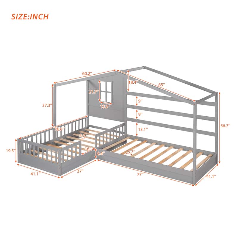 L-Shaped Twin Size House Platform Bed, 2 Twin Solid Bed