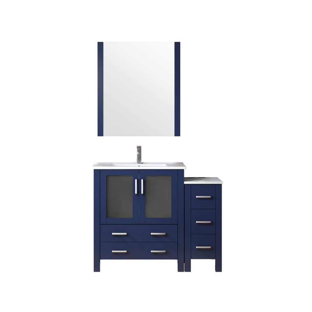 42" Navy Blue Bathroom Vanity with Side Cabinet, White Ceramic Countertop, Monte Faucet Set, and 28" Mirror