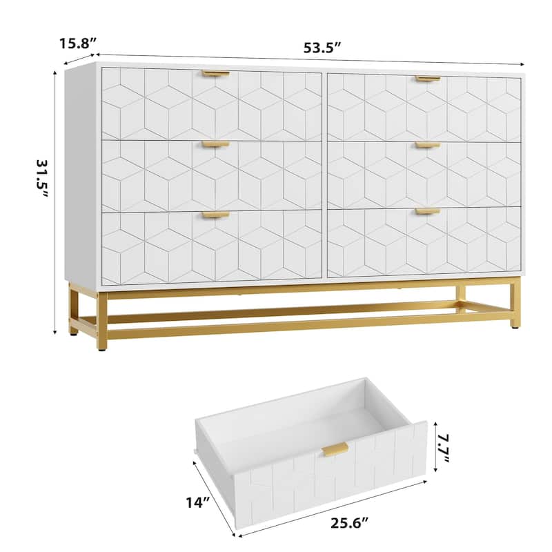53.5" Modern 6-Drawer Dresser with Metal Legs, Wide Storage Chest of Drawers for Bedroom, Living Room, Entryway