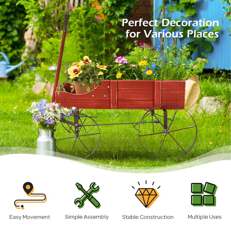 Gymax Garden Plant Planter Wooden Wagon Planter W/ Wheel Garden Yard - 24.5'' x 13.5'' x 24''