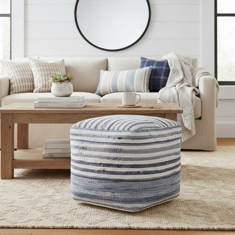 Sevita Allen Navy Blue/White Striped Cotton Cube Pouf - 18" x 18" x 18" - Navy Blue/White