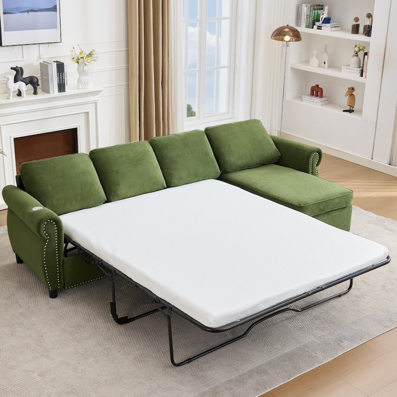 106.5" L-Shaped Flannelette Sectional Sofa with Pull-Out Bed