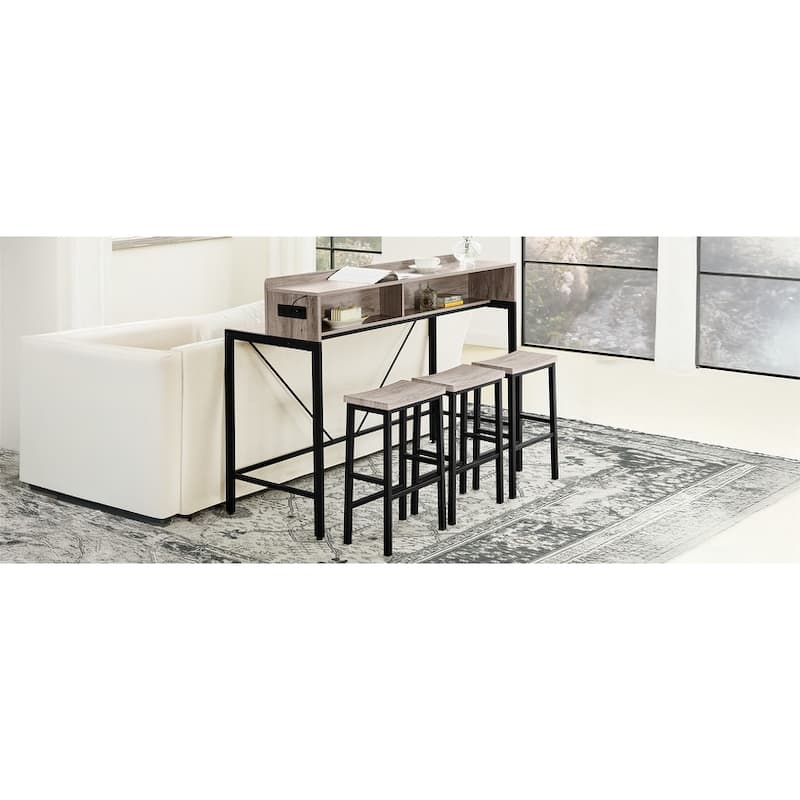 59" Sofa Side Table Bar Table with Charging Station, Console Table Grey Dining Table & Chairs Set with Power Outlets