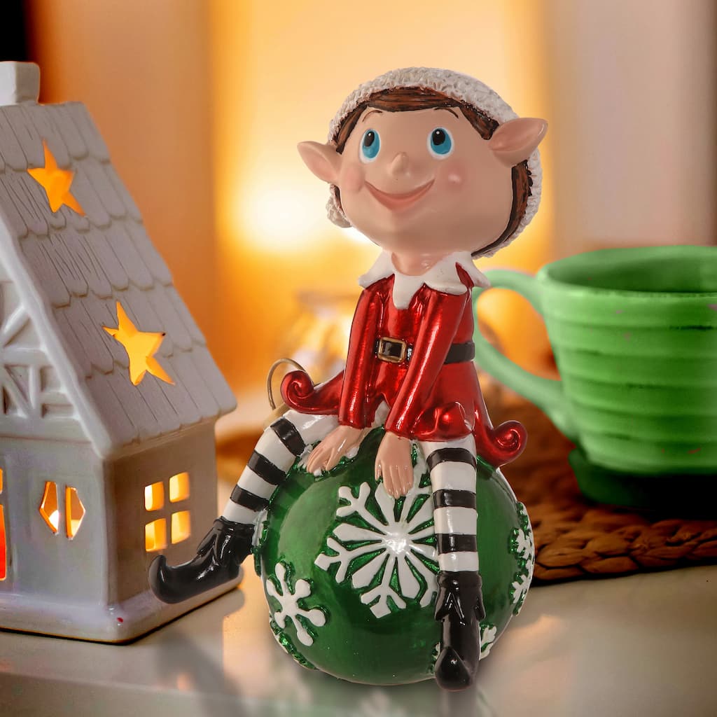 8" Resin Elf Sitting On Ornament Table Piece