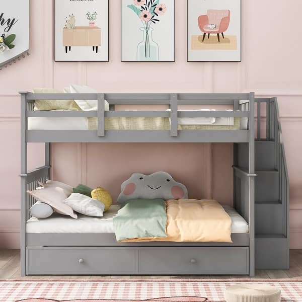 slide 2 of 14, Space-Saving Stairway Full over Full Bunk Bed with Trundle, Storage & Guards Light Grey