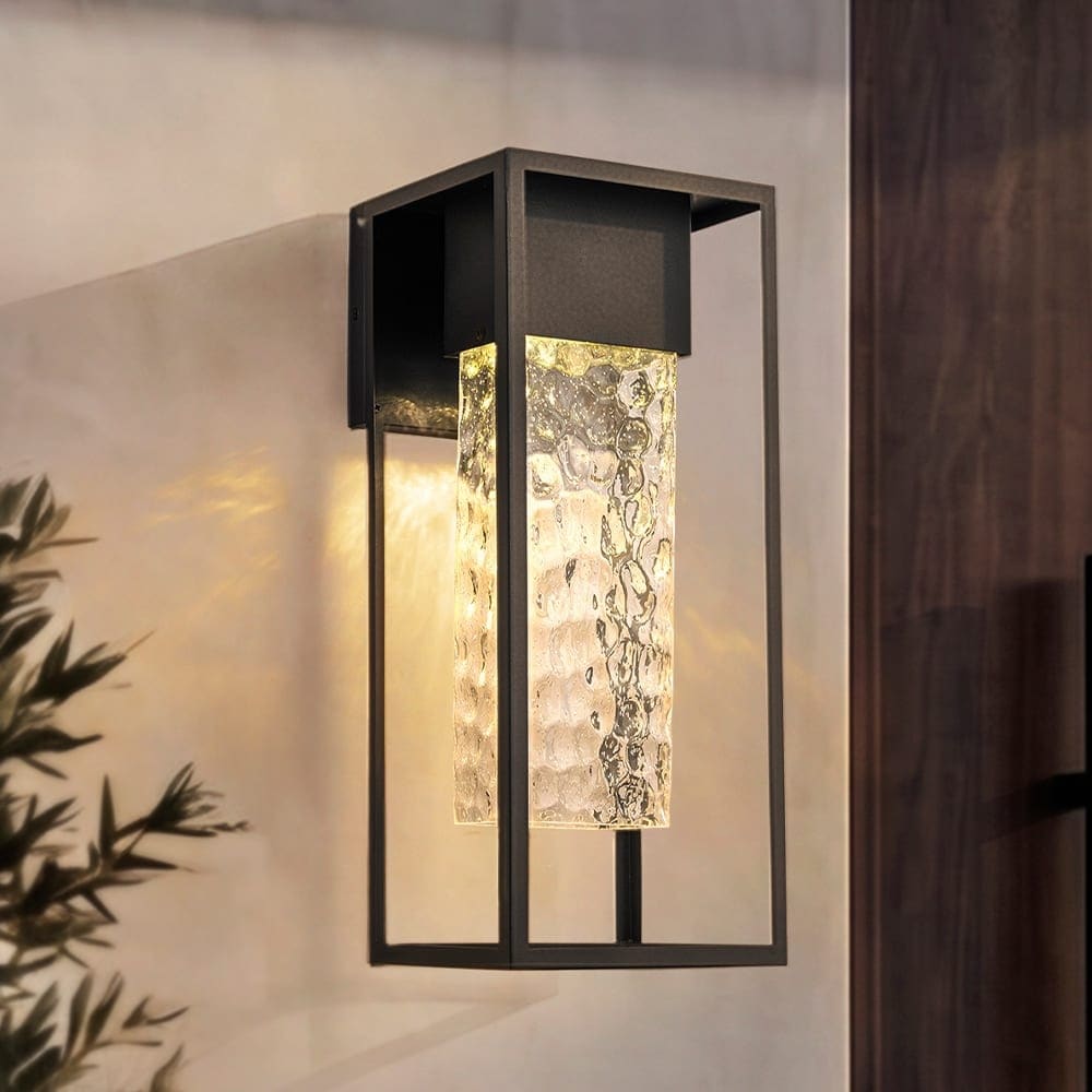 AloaDecor H19" Modern Large Matte Black 10W Integrated LED Wall Sconce with Open Frame and Seeded Glass for Porch Garage - W8''