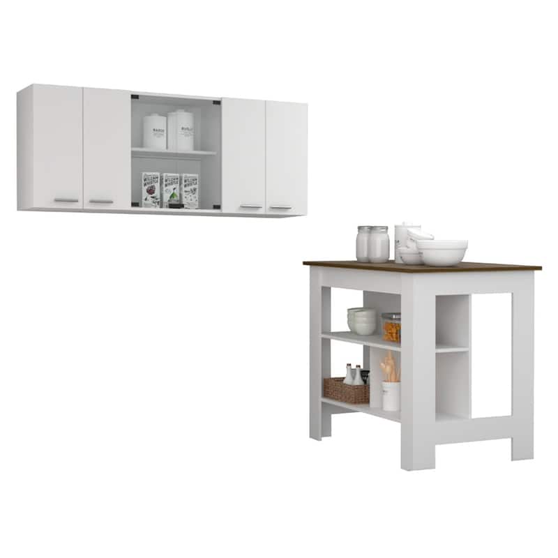 Briargate 2-Piece Kitchen Set, Kitchen Island and Wall Cabinet, White and Walnut - White