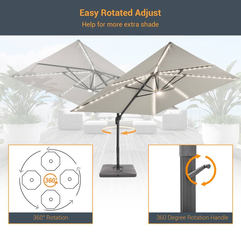 LIVOOSUN Patio10x10FT LED Aluminum Cantilever Umbrella Solution-Dyed Fabric w/Base