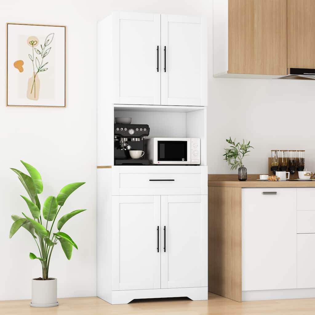 EROMMY Modern Kitchen Pantry Cabinet with Adjustable Shelves, Open Display, Wire Port and Spacious Storage