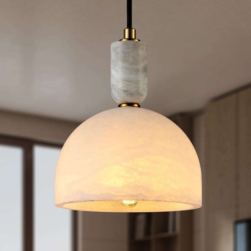 KAYLA Nordic Pendant Light Fixture - Round Alabaster Hanging Lamp with Brushed Brass Finish for Kitchen Island, Dining Room - 7.8in - Gold