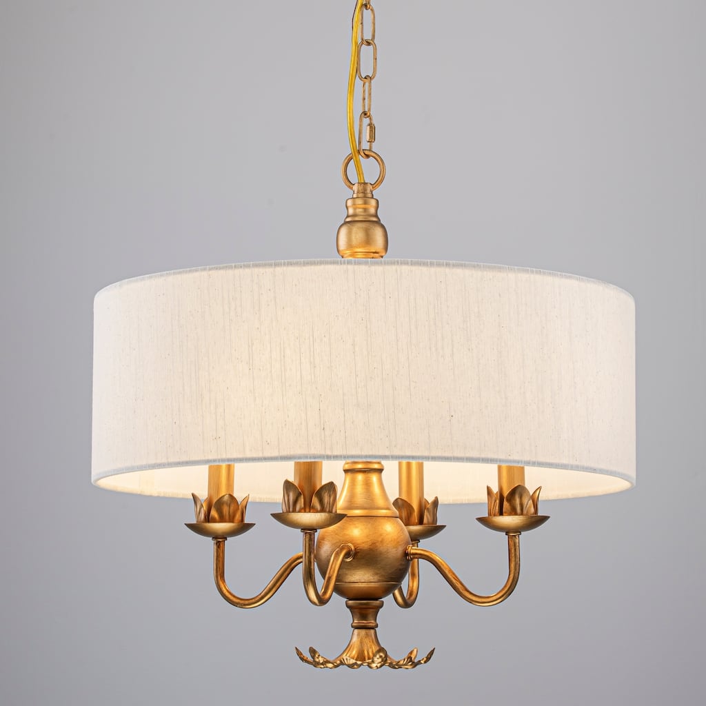 Rennnsan 4-Light Vintage Drum Gold Linen Shade Chandelier for Dining Room & Living Room - 17.3 in. W x 17.7 in. H