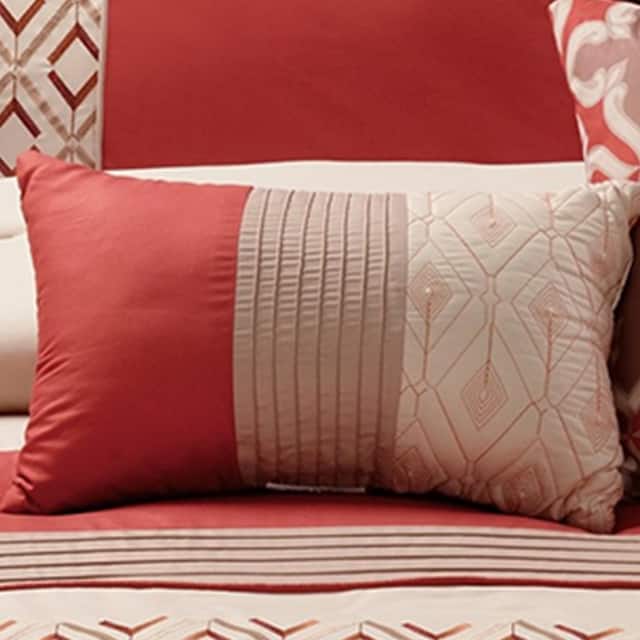 8 Piece Queen Polyester Comforter Set with Geometric Embroidery, Orange