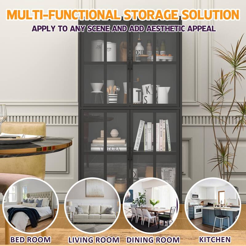 Premium Black Metal Storage Cabinet with Tempered Glass Doors, Adjustable Shelves, Anti-Tipping Device, Magnetic Silent