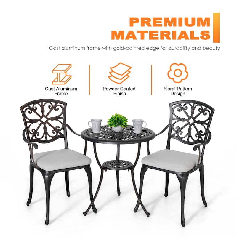 Outdoor 3-Piece Bistro Set with 2.17" Umbrella Hole and Cushions