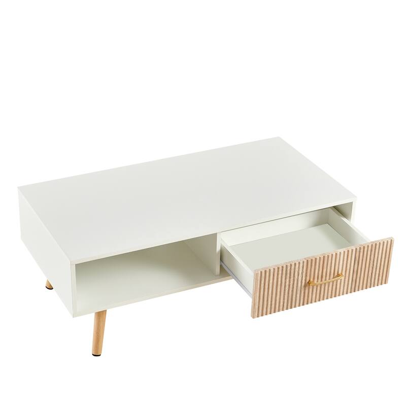 Rectangle Coffee Table with Solid Wood Legs, Sliding Drawer for Storage, Modern Table for Living Room