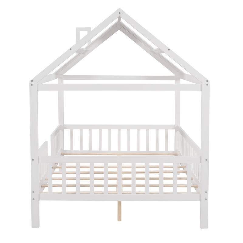 White Full Size Wooden House Bed with Fence and Roof
