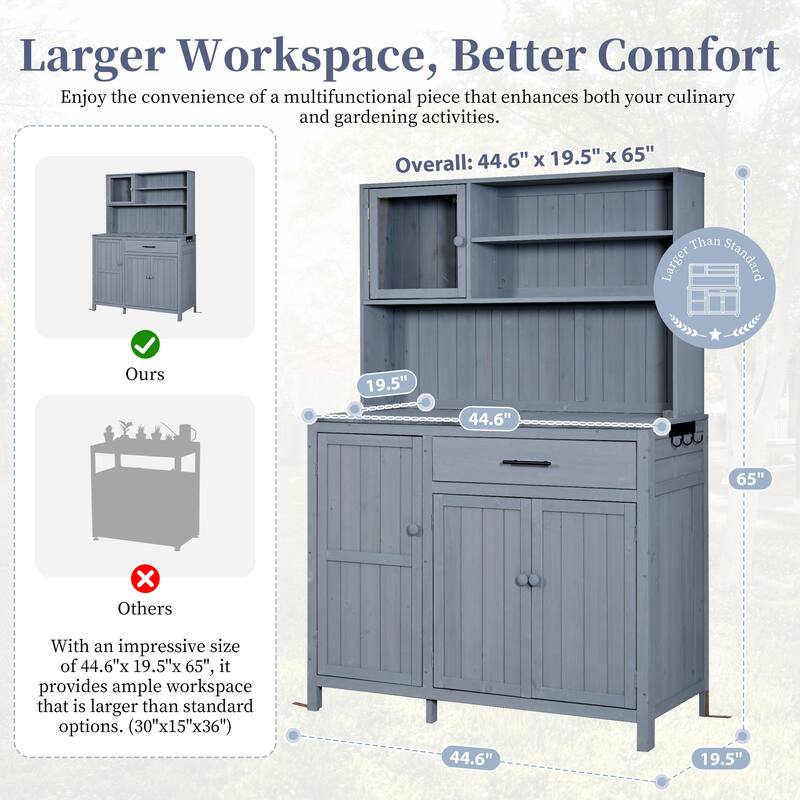 Roomfitters 65" Garden Potting Bench with Storage Hutch, Outdoor Potting Table & Prep Station, Drawer, Cabinet, Shelves