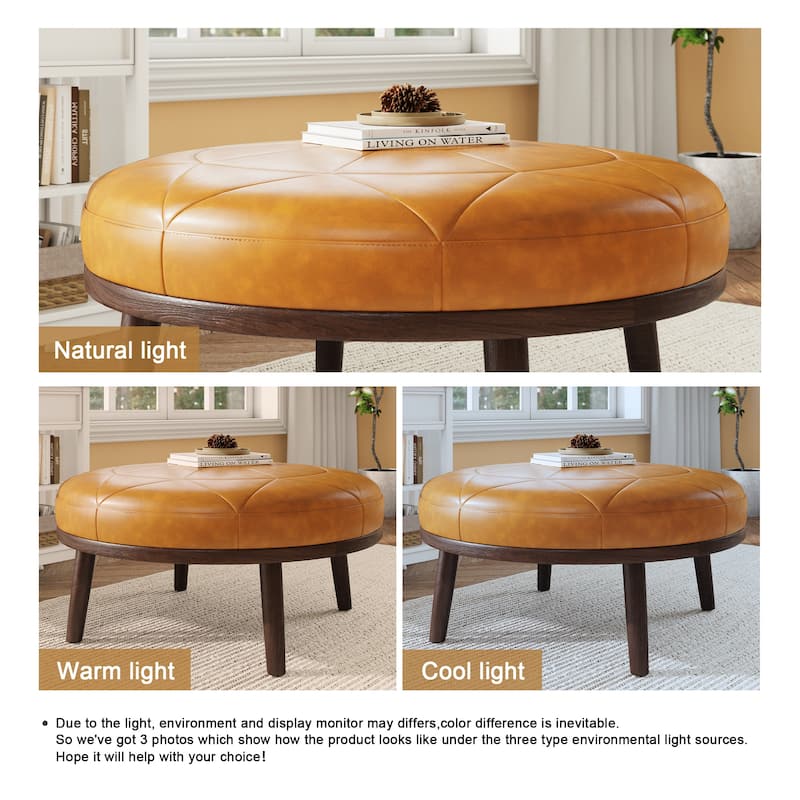 UIXE Full Grain Genuine Italian Leather Round Ottoman Modern Oversize Side Tble