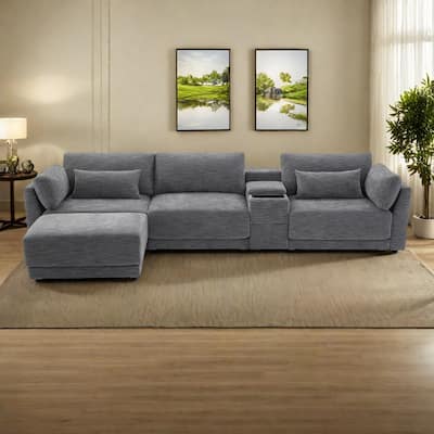124" Chenille 4-Seater sat L-Shaped Sectional Sofa with Storage Console, Movable Ottoman and USB Charger