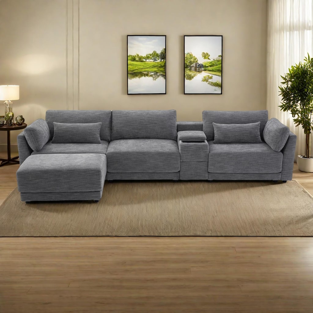 124" Chenille 4-Seater sat L-Shaped Sectional Sofa with Storage Console, Movable Ottoman and USB Charger