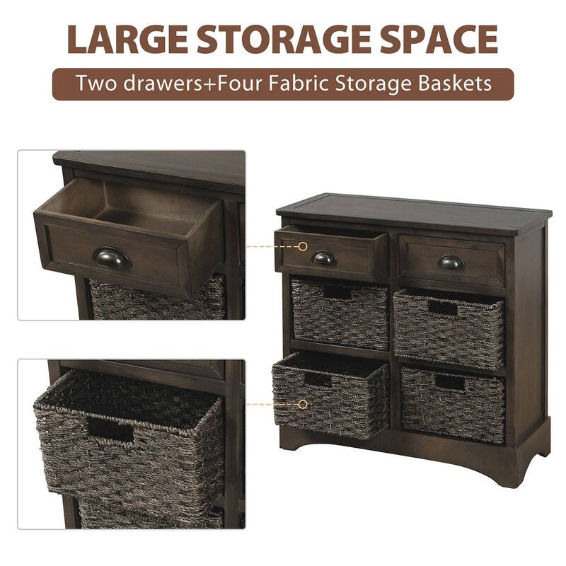 Rustic Storage Cabinet with Two Drawers and Four Classic Rattan Basket