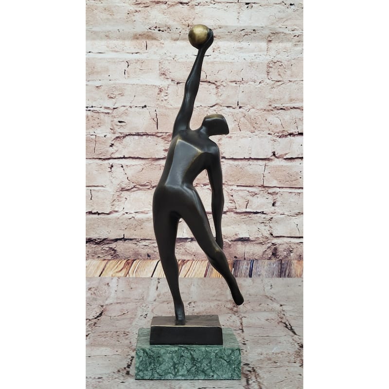 Modern Abstract Bronze Sculpture – Volleyball Athletic Figure With Ball On Marble Base