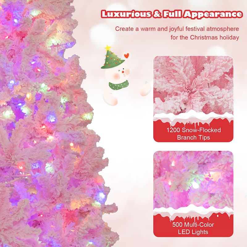 Gymax 7 FT Pre-Lit Artificial Christmas Tree Lighted Pink Snow Flocked