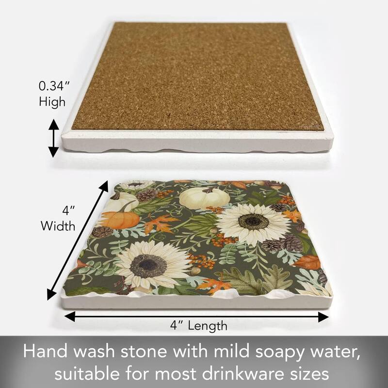Absorbent Stone Tumbled Tile Coasters, Farmhouse Floral, Set of 4