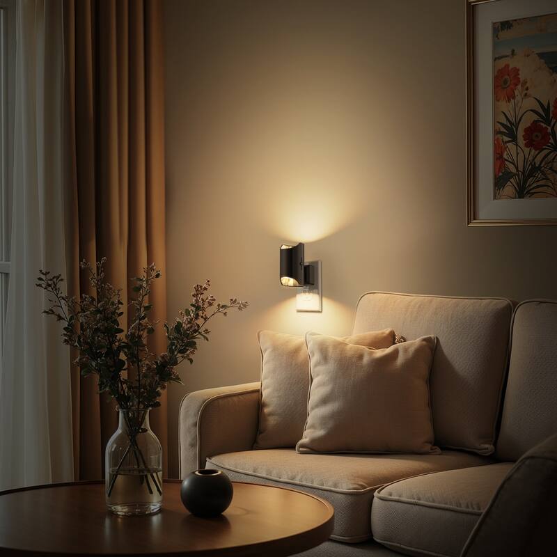 YANSUN Set of 2 Plug-in Dusk-to-Dawn Night Lights, Black Cylinder Wall Lamp, 3000K Warm Light, Sliding Dimmer, US Plug