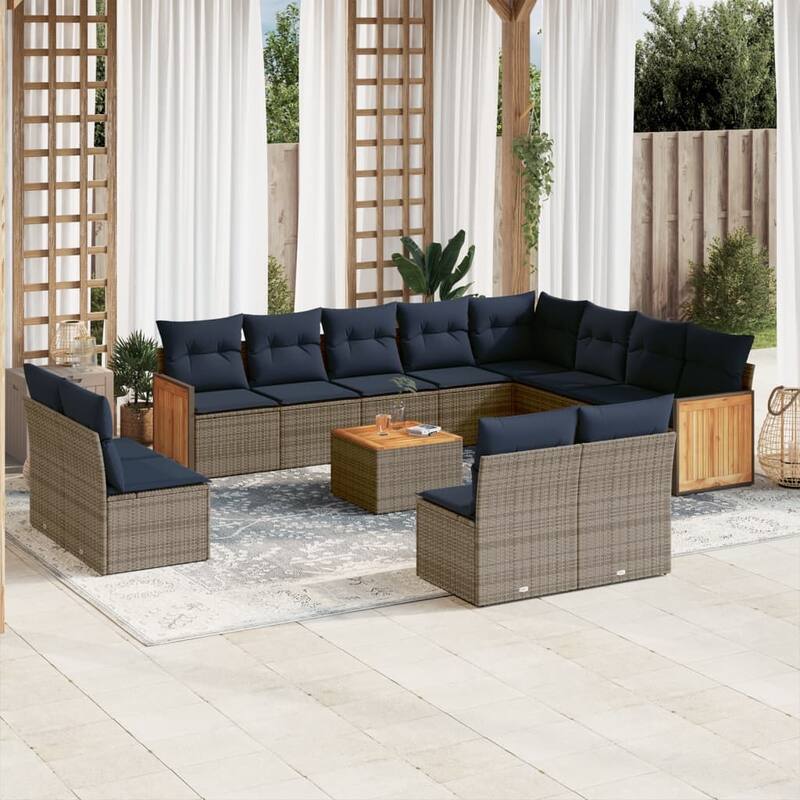 vidaXL 12/13 Piece Patio Sofa Set with Cushions Black/Gray Poly Rattan - 21.7 x 24.4 x 27.2 - Gray With table
