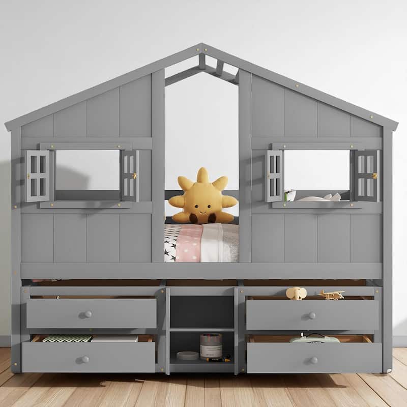 Full House-Themed Loft Bed with Ladder, Roof, Windows, Safety Rails and Storage Drawers for Kids