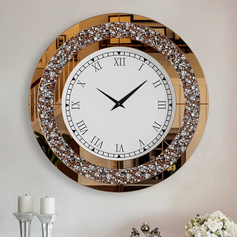 Contemporary Round Glass Wall Clock Crystal Diamond Inlay - 24 inches - Tawny
