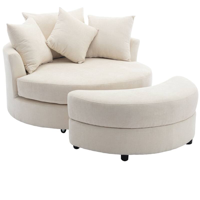 360° Swivel Accent Barrel Chair with Storage Ottoman & 4 Pillows, Modern Chenille Leisure Chair Round Accent