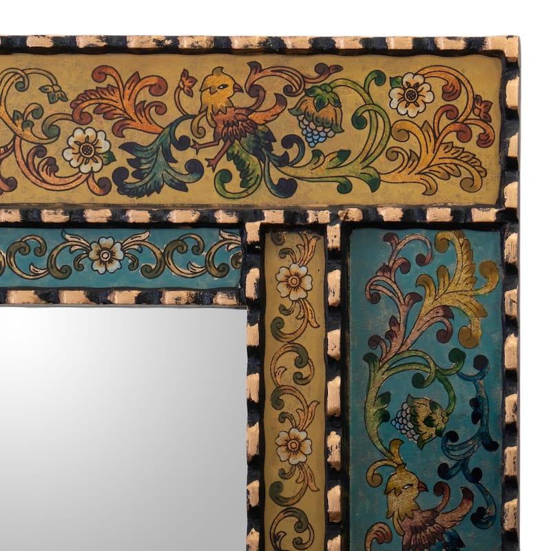 Novica Handmade Golden Blue Elegance Reverse Painted Glass Wall Mirror