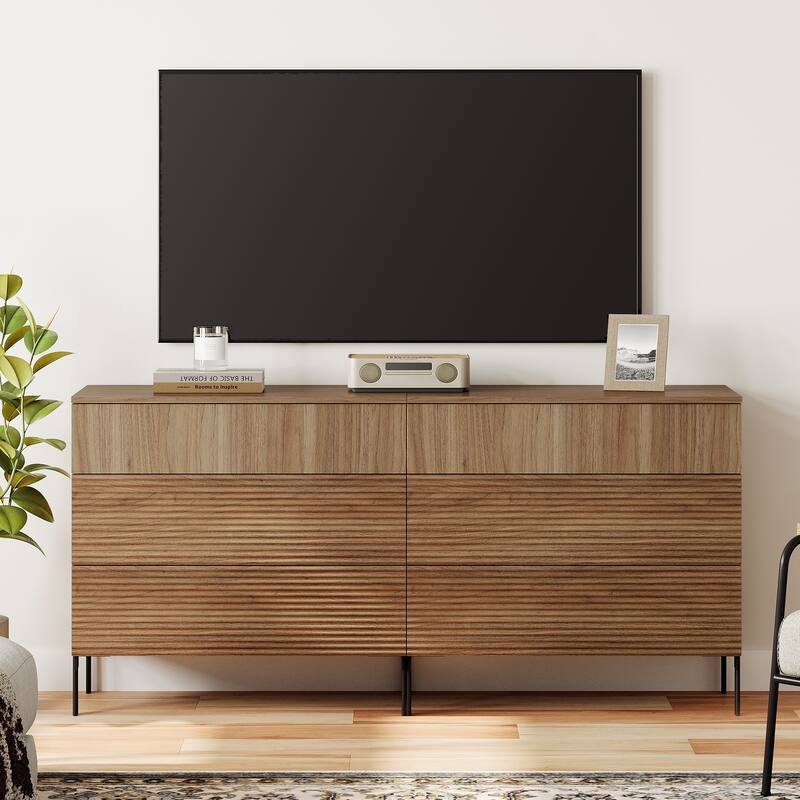 31.5" Reeded Dresser TV Stand, Modern Minimalist Entertainment Center, Wooden TV Console  - 2PCS - Walnut