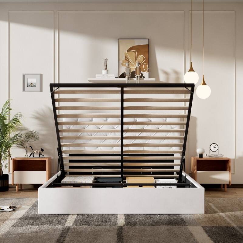 Plywood Frame Upholstered Platform Bed with Lift-up Storage Supported by Metal and Wooden Slats