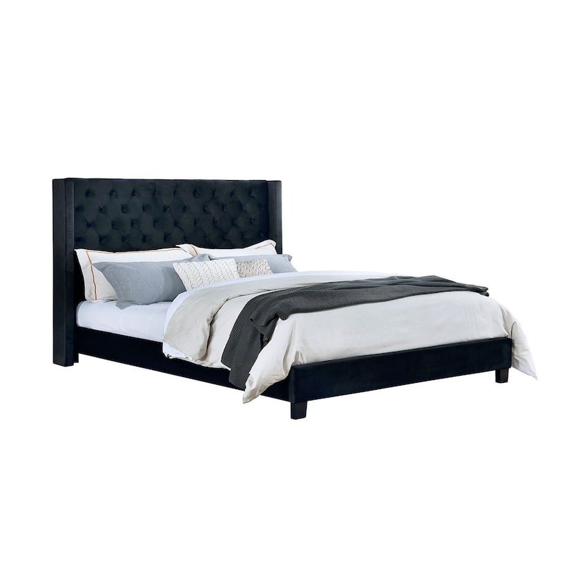 Velvet-like Fabric Upholstered Eastern King Bed with Wingback Headboard - Black