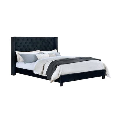 Velvet-like Fabric Upholstered Eastern King Bed with Wingback Headboard
