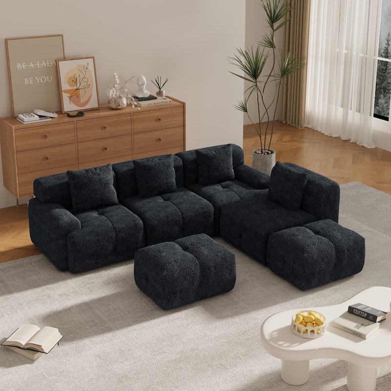 Roomfitters U Shaped Modular Sectional Sofa Bed Chaise, 6-Piece Cloud Tufted Floor Couch with 2 Ottomans and 4 Pillows