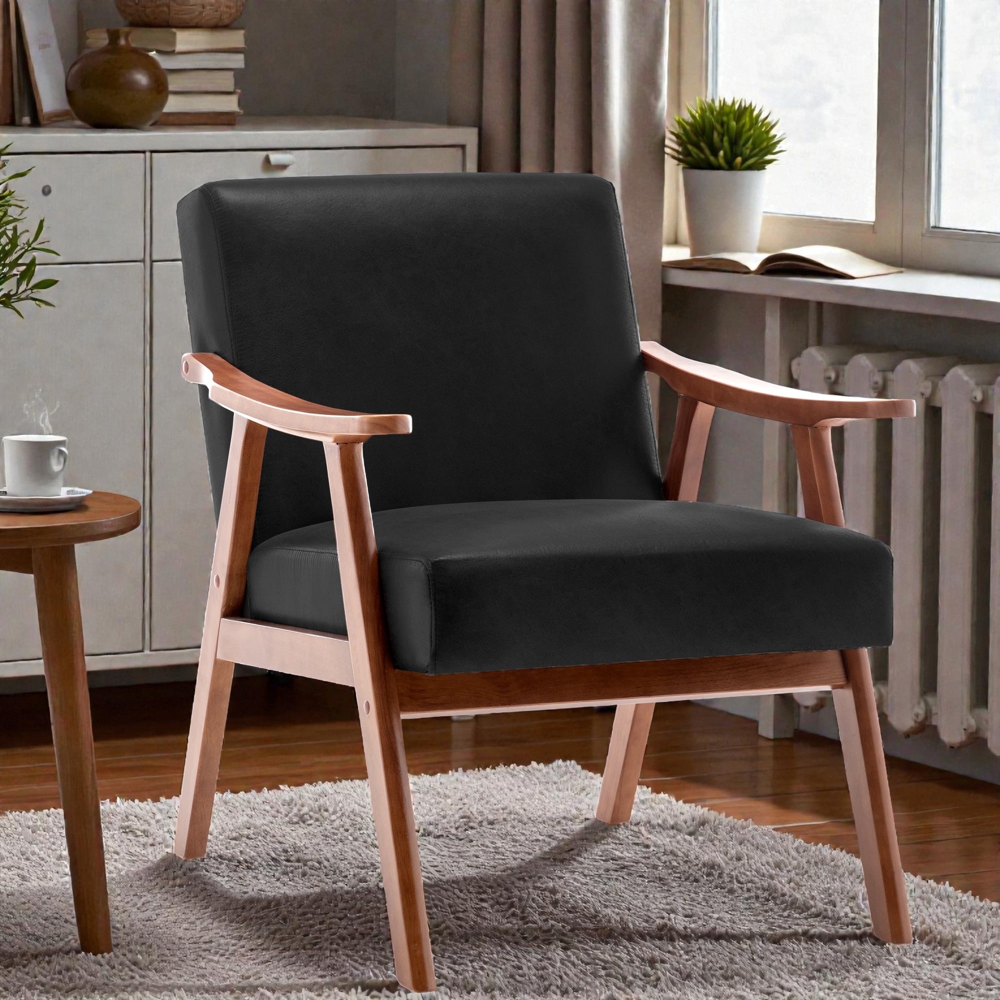 PU Leather Accent Chair with Solid Rubberwood Frame, Wingback Lounge Reading Chair, Desk Chair for Living Room Bedroom Office