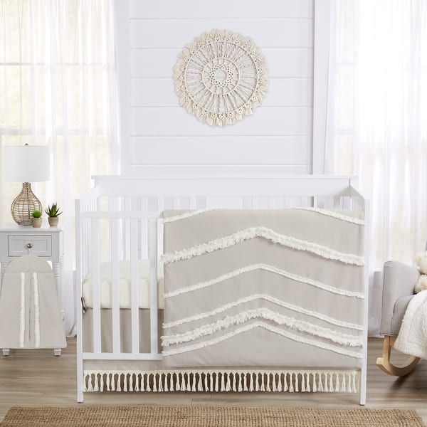 slide 2 of 6, Boho Bohemian Boy Girl 4pc Nursery Crib Bedding Set - Solid Taupe Beige Ivory Cream Linen Farmhouse Shabby Chic Gender Neutral