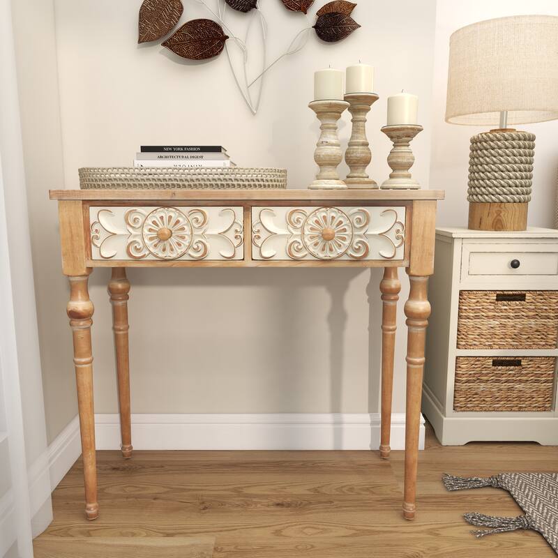 Brown Wood Intricately Carved 2 Drawers Floral Console Table